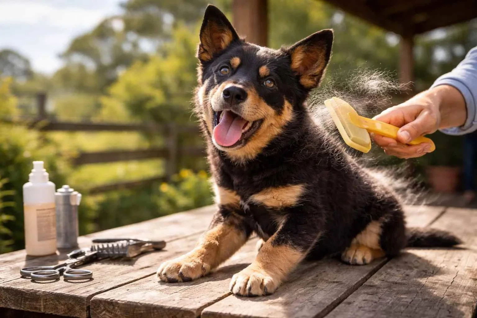 Australian Kelpie being brushed outdoors on a wooden table, with loose fur visible during a grooming session