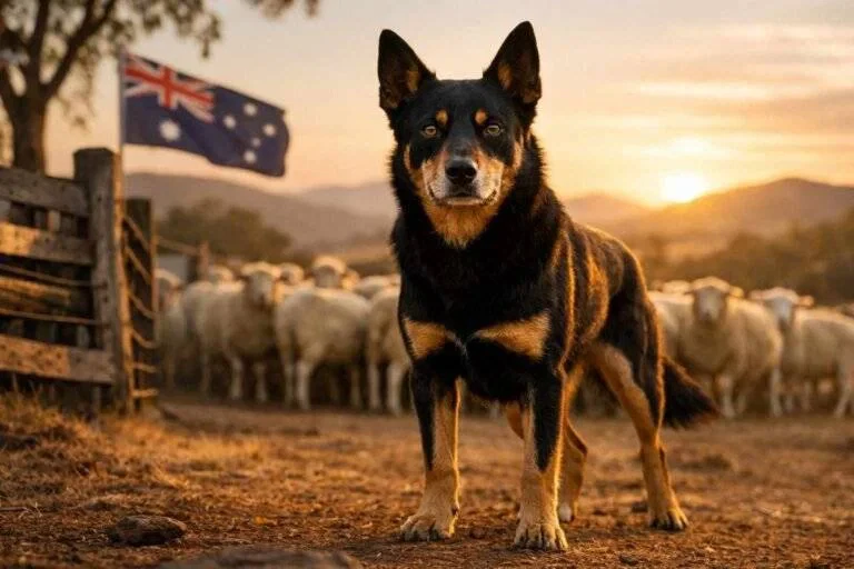 Australian Kelpie with black and tan coat standing alert on Australian farm