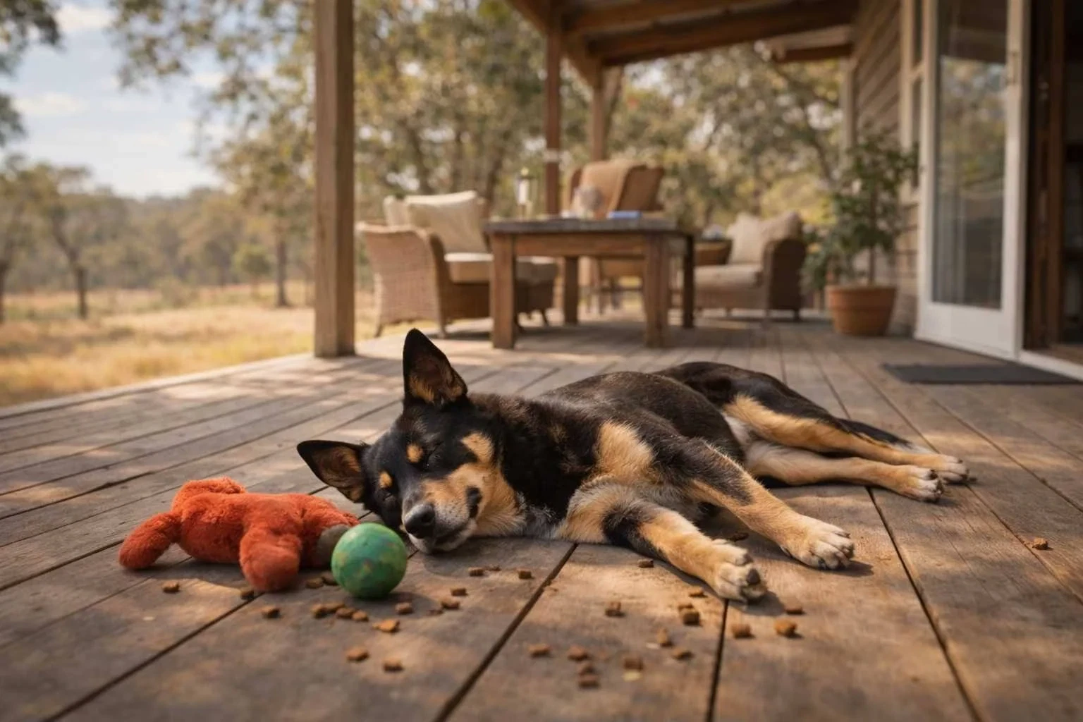 Australian Kelpie lying asleep on a wooden verandah