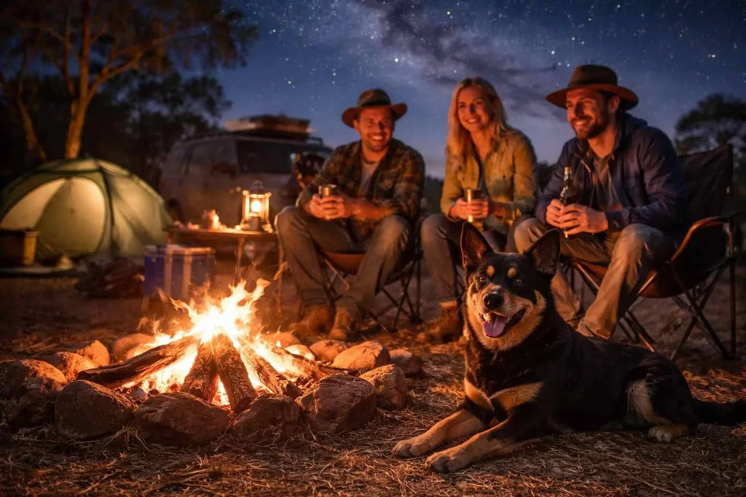 Australian Kelpie resting beside a campfire with a group of people