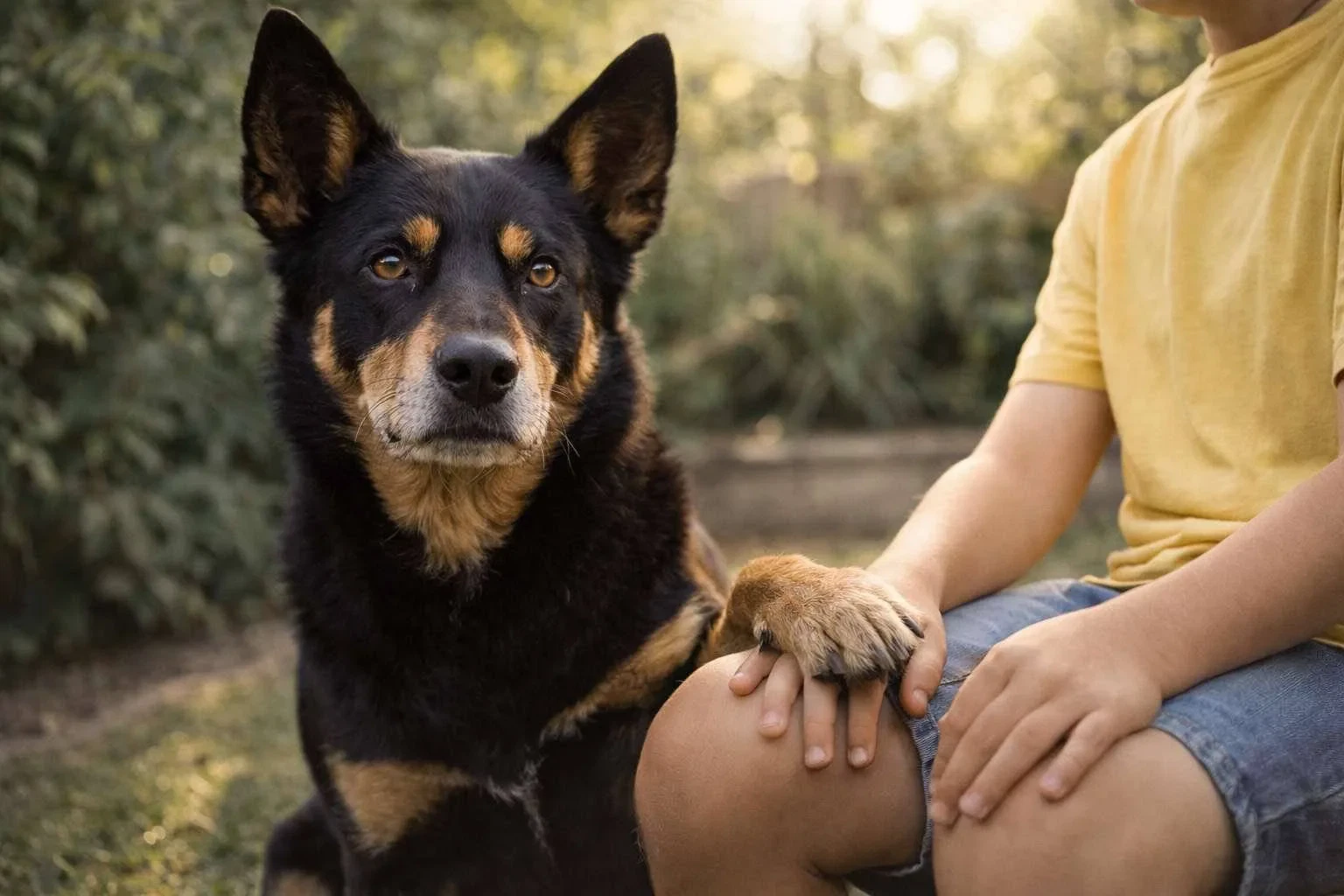 Australian Kelpie sitting beside a owner outdoor