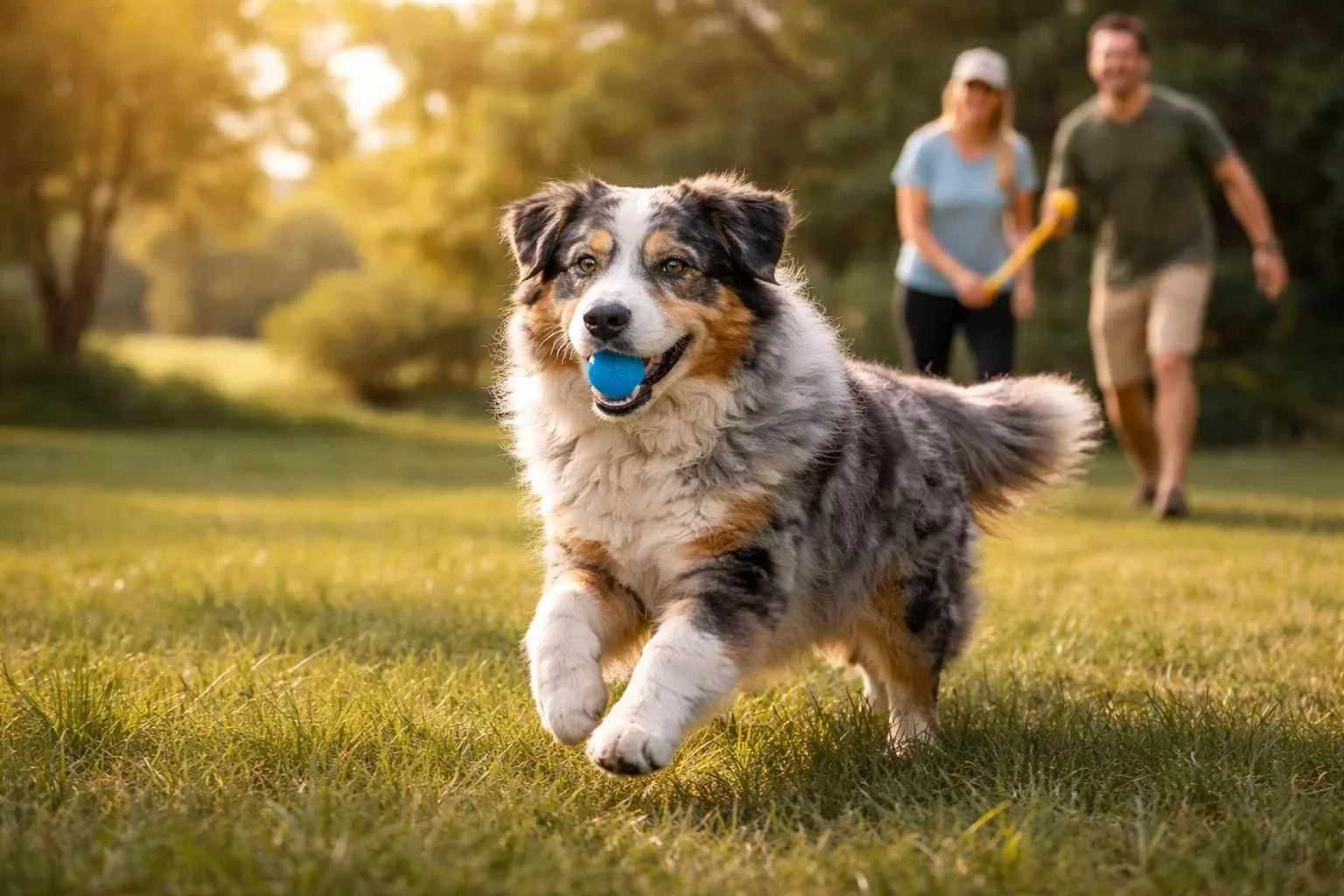 Australian shepherd running fetch park exercise
