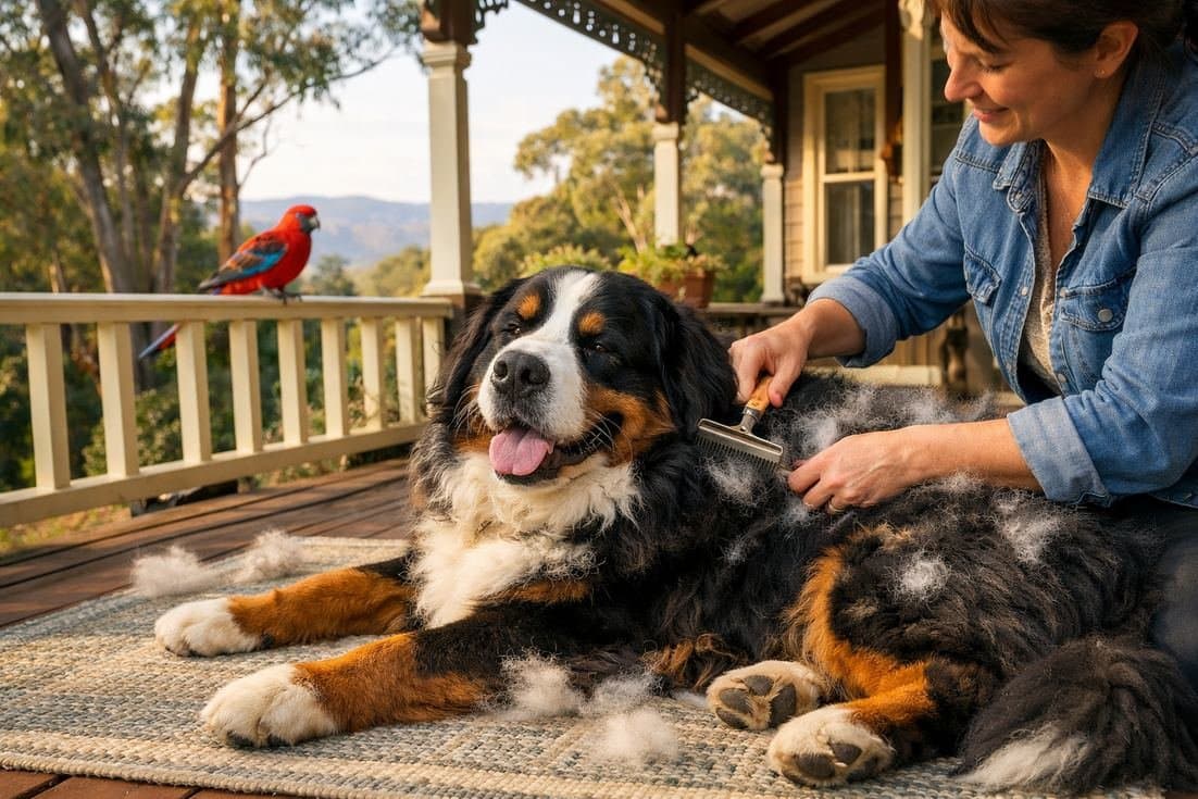 Bernese Mountain Dog Grooming Session On Australian Federation Verandah
