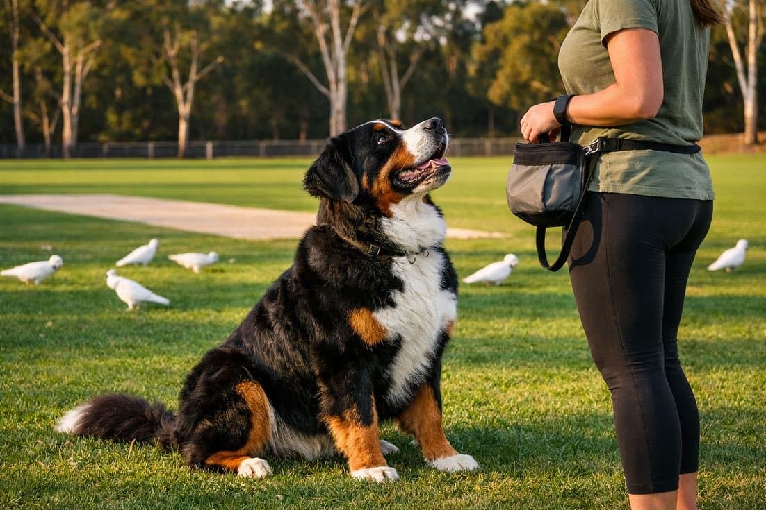 Bernese Mountain Dog Tricolour In Obedient Sit At Aussie Oval