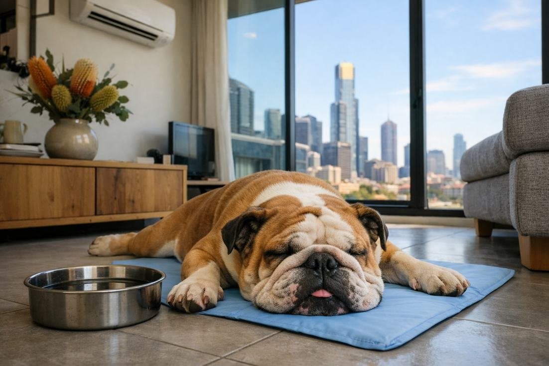 British-Bulldog-fawn-coat-relaxed-on-cool-tiles-Melbourne-apartment British Bulldog Fawn Coat Relaxed On Cool Tiles Melbourne Apartment