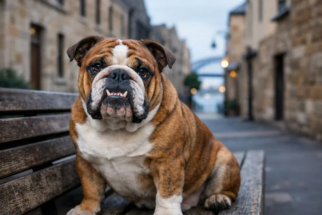 British Bulldog Red Brindle Portrait At The Rocks Sydney Morning
