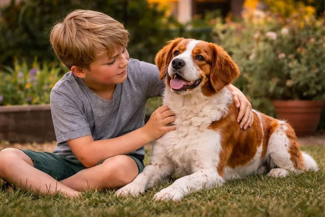 Brittany Spaniel with kid
