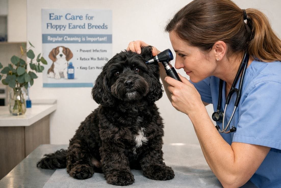Cavoodle Black Coat During Vet Ear Examination Health Checkup