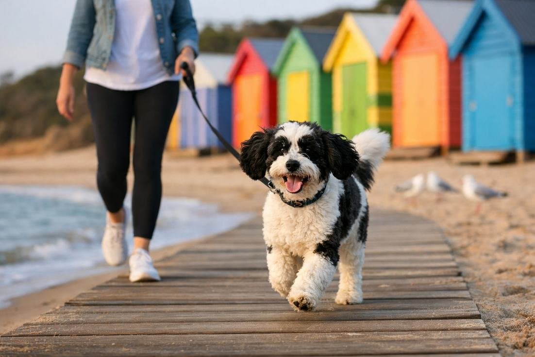 Cavoodle Parti Coat Walking Past Mornington Peninsula Beach Boxes