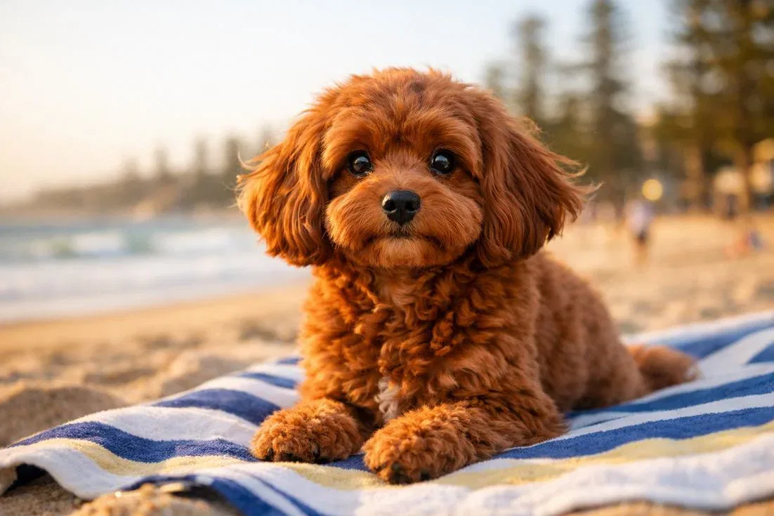 Cavoodle Ruby Red Coat Portrait At Manly Beach Sydney Morning Light