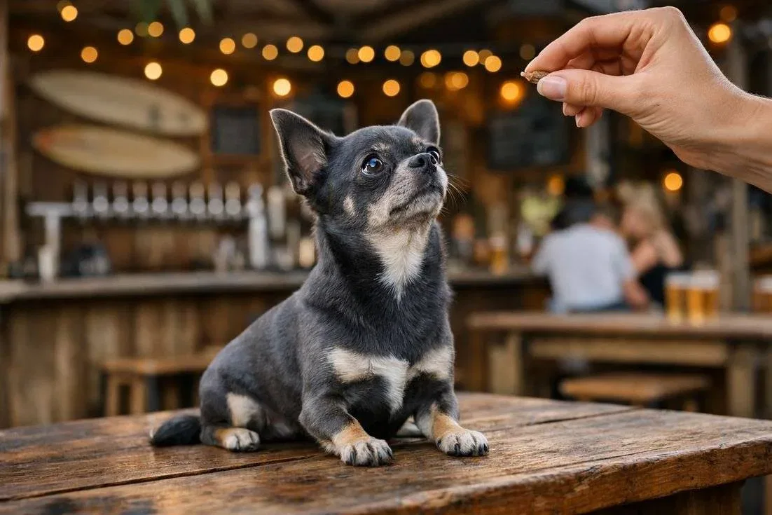 Chihuahua Blue Coat In Focused Sit At Byron Bay Dog Friendly Brewery