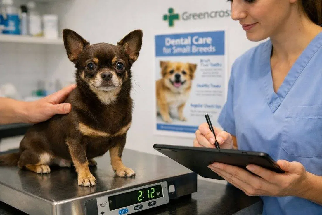 Chihuahua Chocolate Coat Being Weighed During Vet Health Checkup