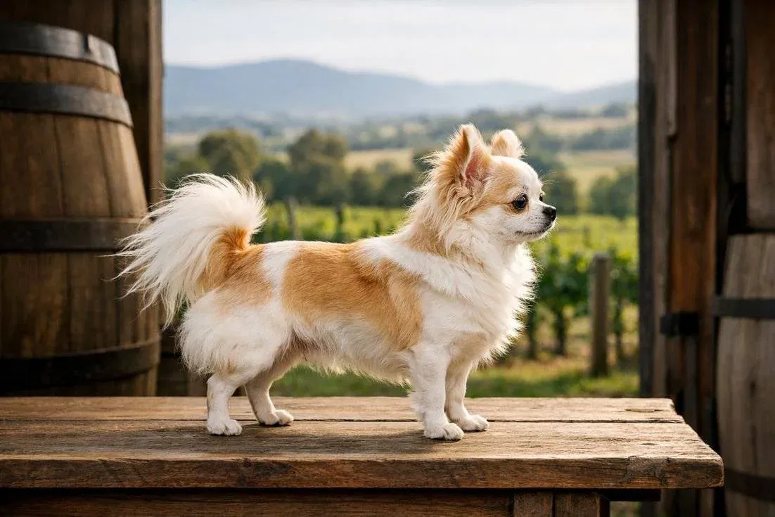 Chihuahua Long Coat Cream Side Profile At Yarra Valley Winery