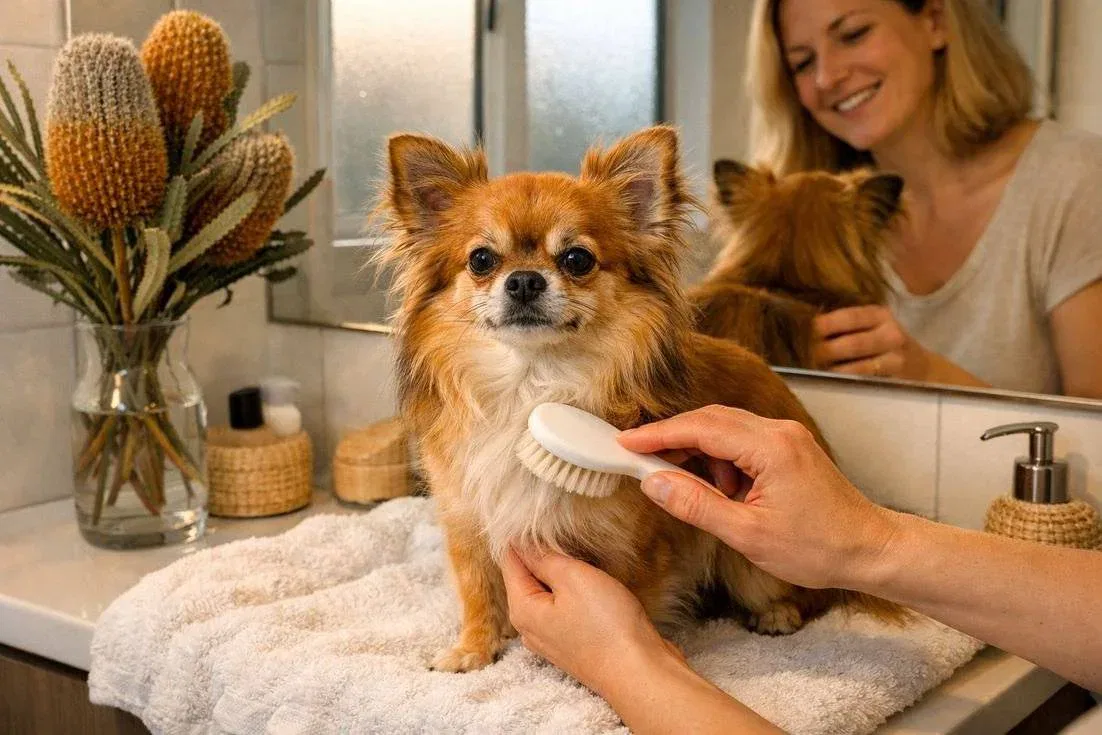 Chihuahua Long Coat Red Sable Being Brushed In Bondi Apartment