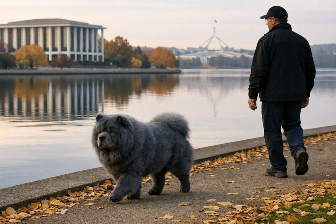 Chow Chow Blue Coat Walking Lake Burley Griffin Canberra Autumn