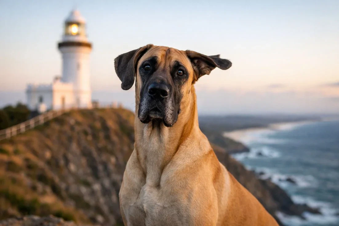 Great Dane Fawn Black Mask Portrait At Cape Byron Lighthouse Nsw