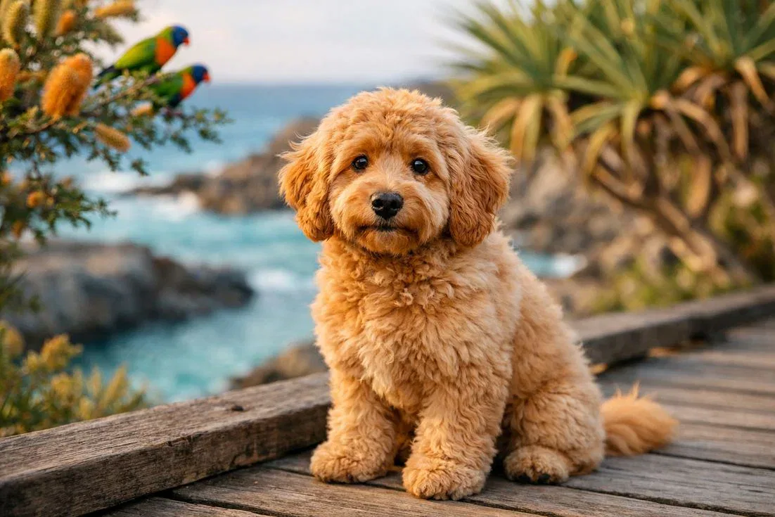 Groodle Apricot Wavy Coat Portrait At Noosa National Park Queensland