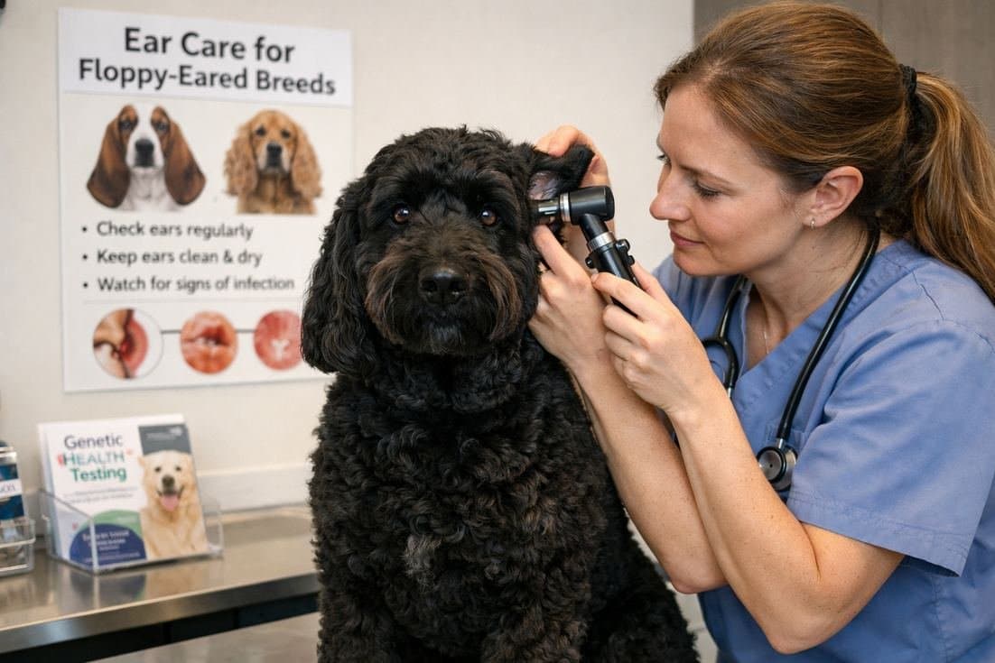 Groodle Black Wavy Coat During Vet Ear Health Examination Checkup