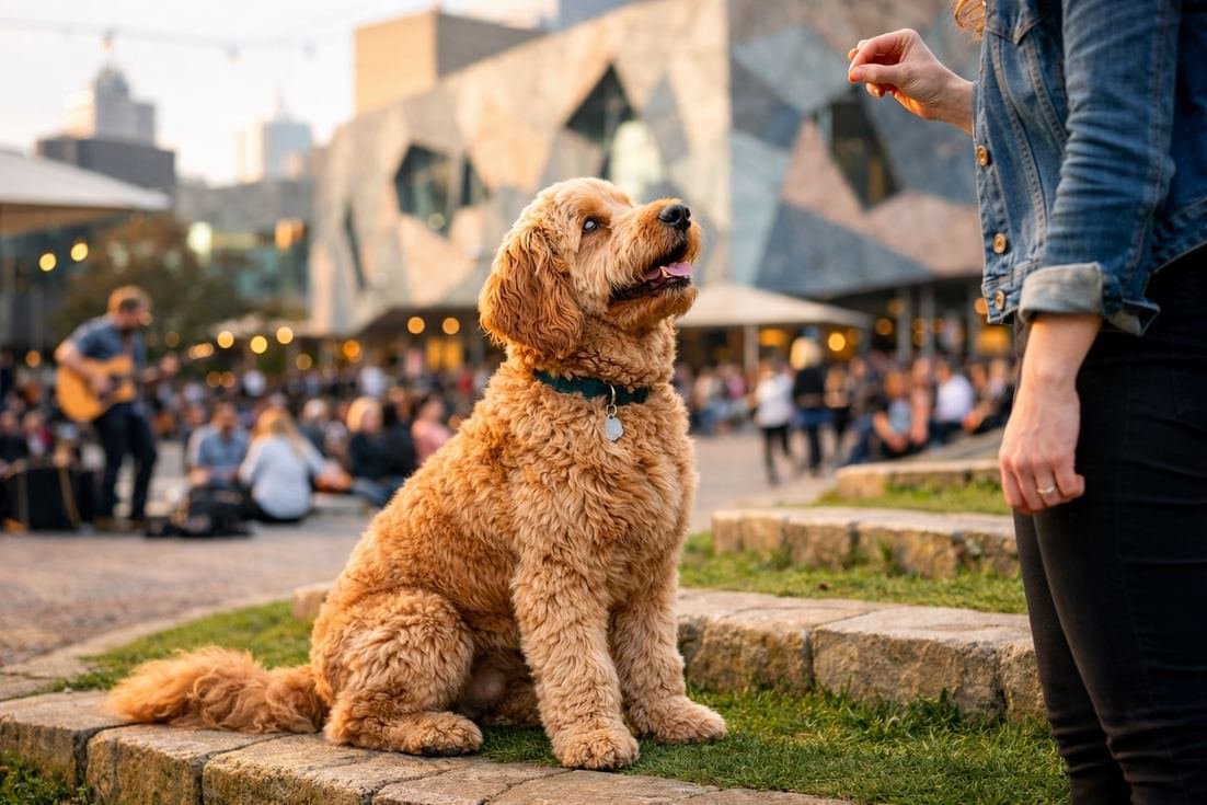 Groodle Caramel Coat Therapy Dog Training At Federation Square Melbourne