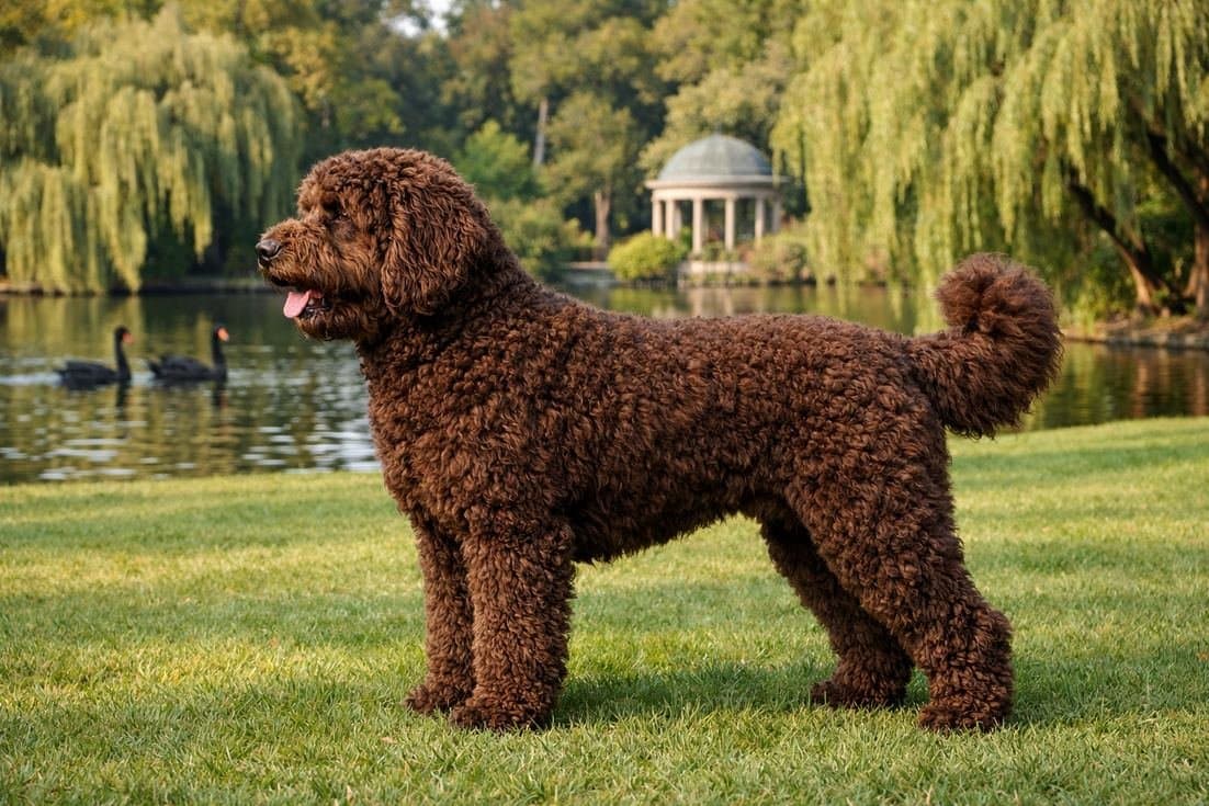 Groodle Chocolate Curly Coat Side Profile Royal Botanic Gardens Melbourne