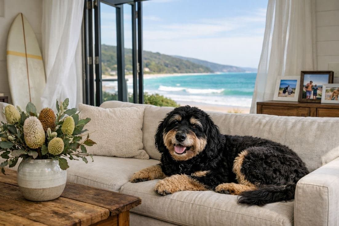 Groodle Phantom Coat Relaxed In Lorne Beach House Great Ocean Road