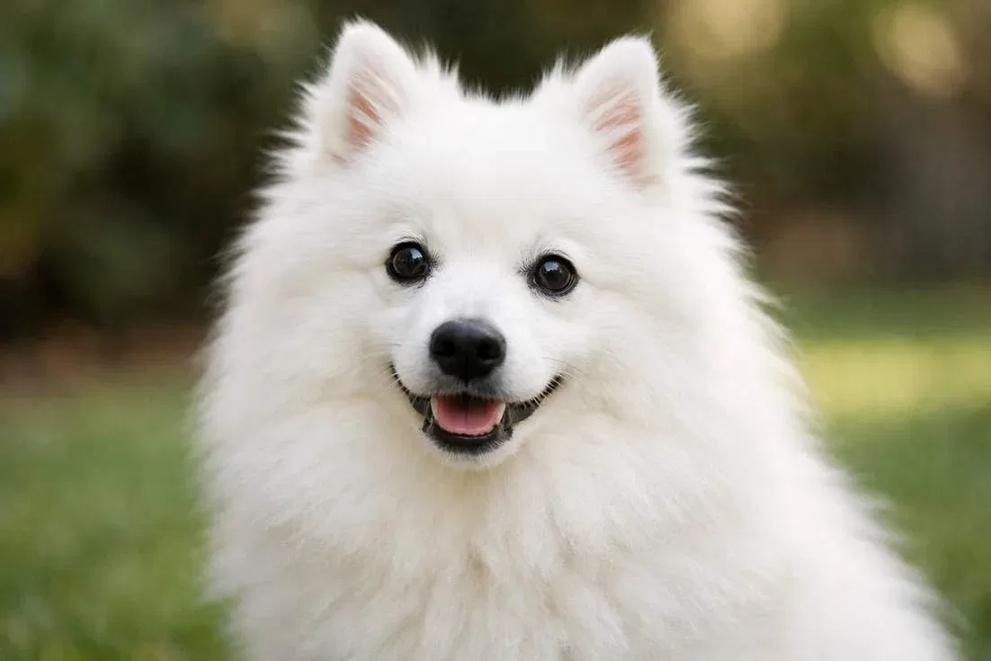 Adult Japanese Spitz Dog Portrait Showing Pure White Fluffy Coat And Alert Expression