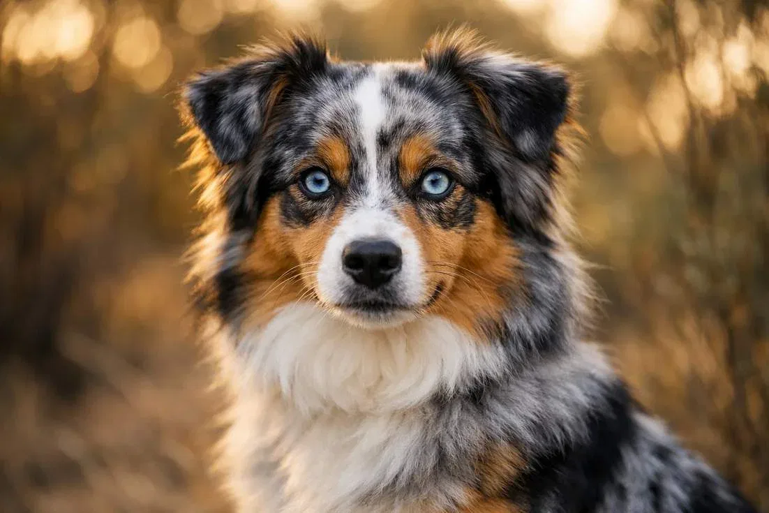Adult Mini Australian Shepherd Dog Portrait Showing Blue Merle Coat And Intelligent Expression