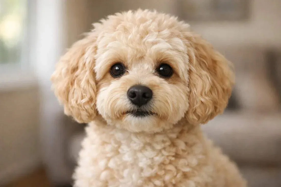 Adult Moodle Dog Portrait Showing Soft Apricot Wavy Coat And Friendly Teddy Bear Face