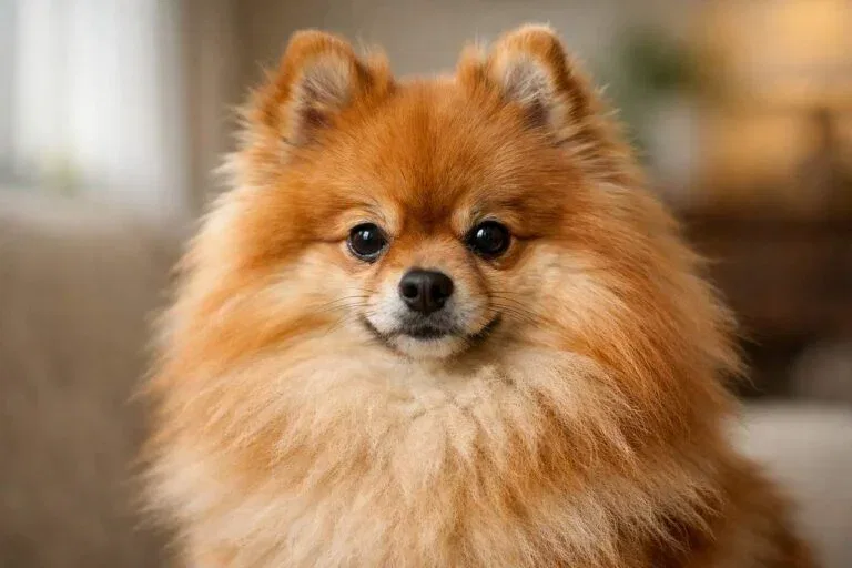 Adult Pomeranian Dog Portrait Showing Fluffy Orange Sable Coat And Alert Fox Like Face