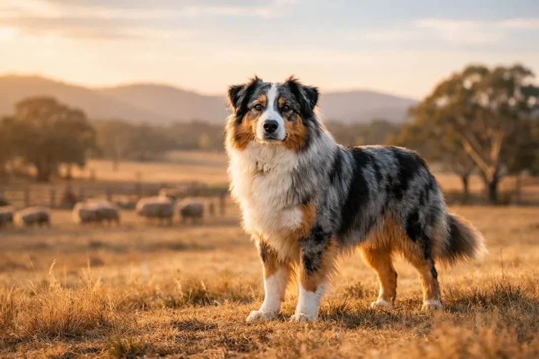 Australian Shepherd standing on short dry grass in a sunlit farm paddock, gum trees and low hills in the background