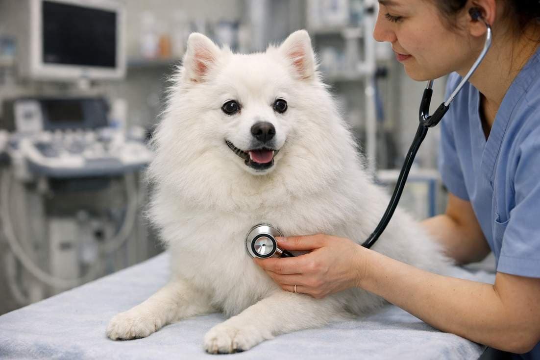 Japanese Spitz Being Examined By Veterinarian During Routine Health Check