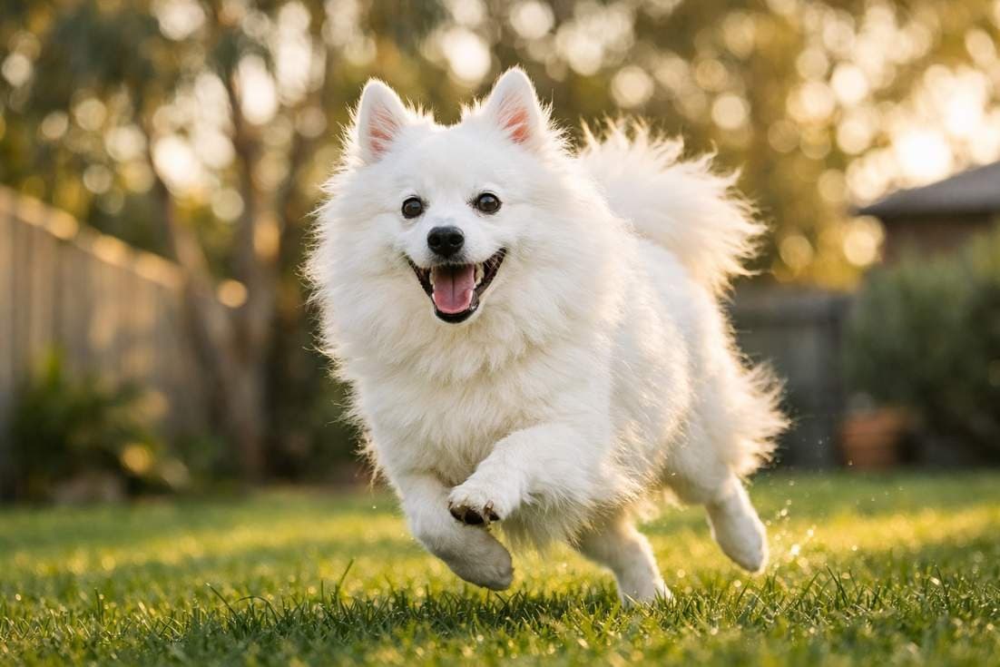 Japanese Spitz Displaying Playful Temperament During Outdoor Play In Backyard