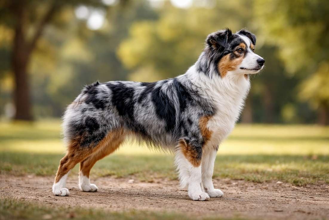 Mini Australian Shepherd Full Body Side Profile Showing Athletic Build And Blue Merle Coat