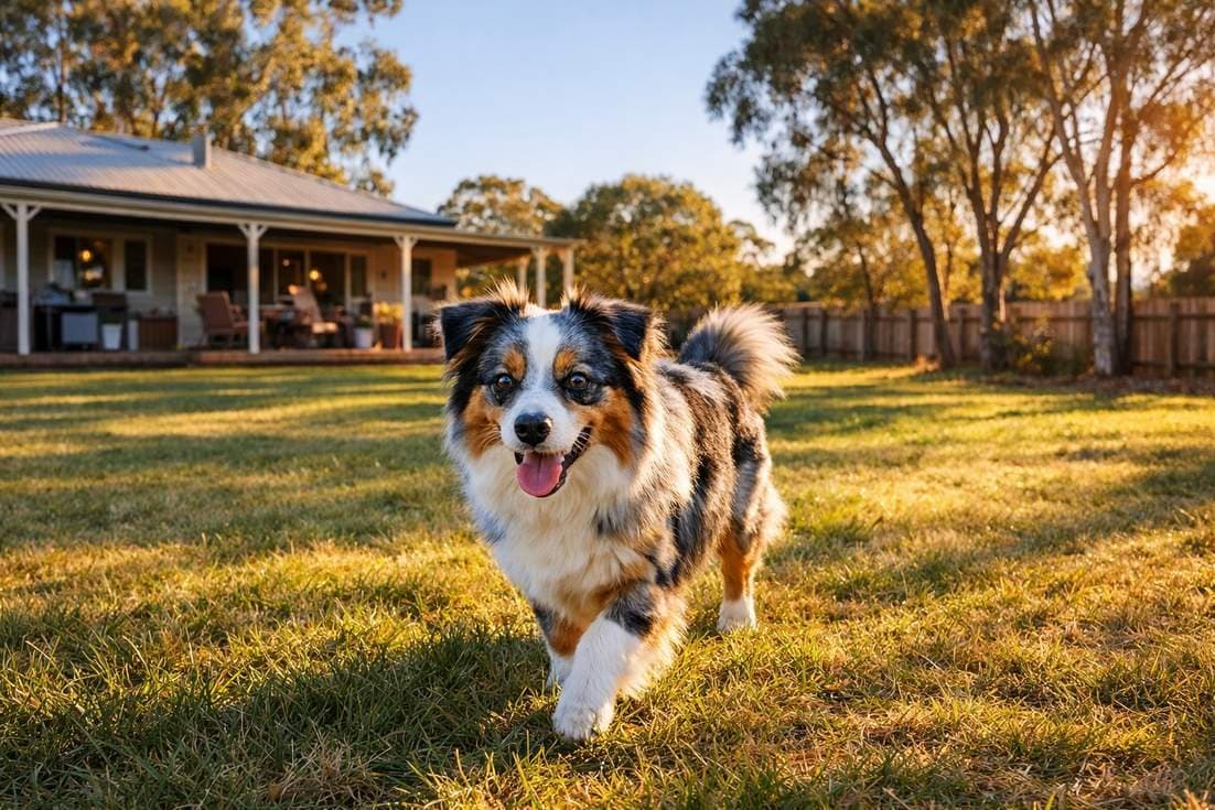 Mini Australian Shepherd In Large Backyard Showing Ideal Living Environment