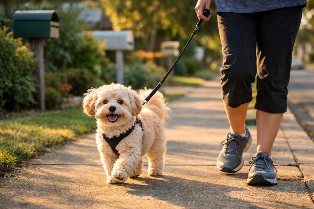 moodle-dog-on-daily-walk-showing-moderate-low-key-exercise-needs Moodle Dog On Daily Walk Showing Moderate Low Key Exercise Needs