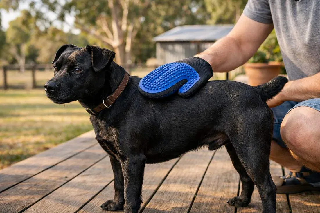 Owner Brushing Patterdale Terrier Smooth Coat During Easy Grooming Session