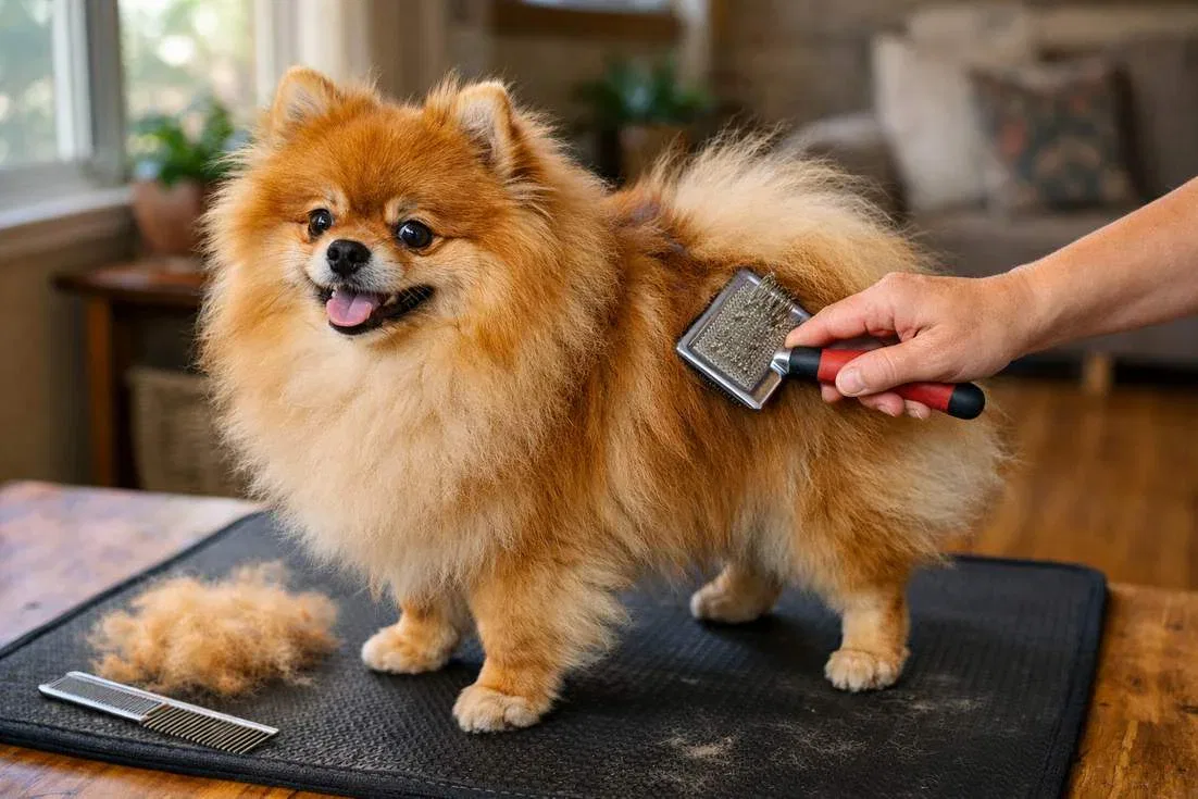 Owner Brushing Pomeranian Fluffy Double Coat During Regular Grooming Session