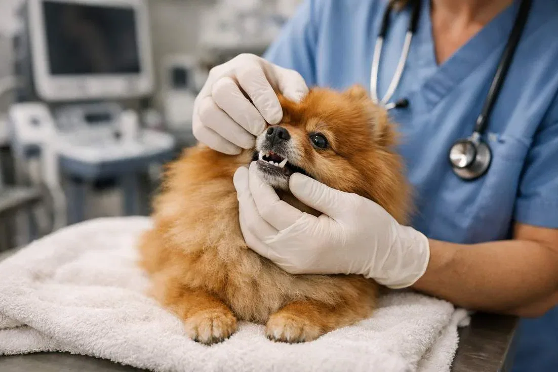 Pomeranian Being Examined By Veterinarian During Routine Health Check