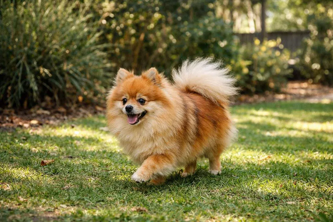 Pomeranian Enjoying Gentle Exercise In Shaded Backyard Garden