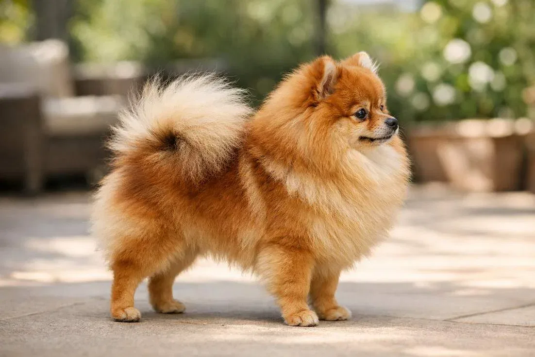 Pomeranian Full Body Side Profile Showing Tiny Size And Luxurious Fluffy Coat