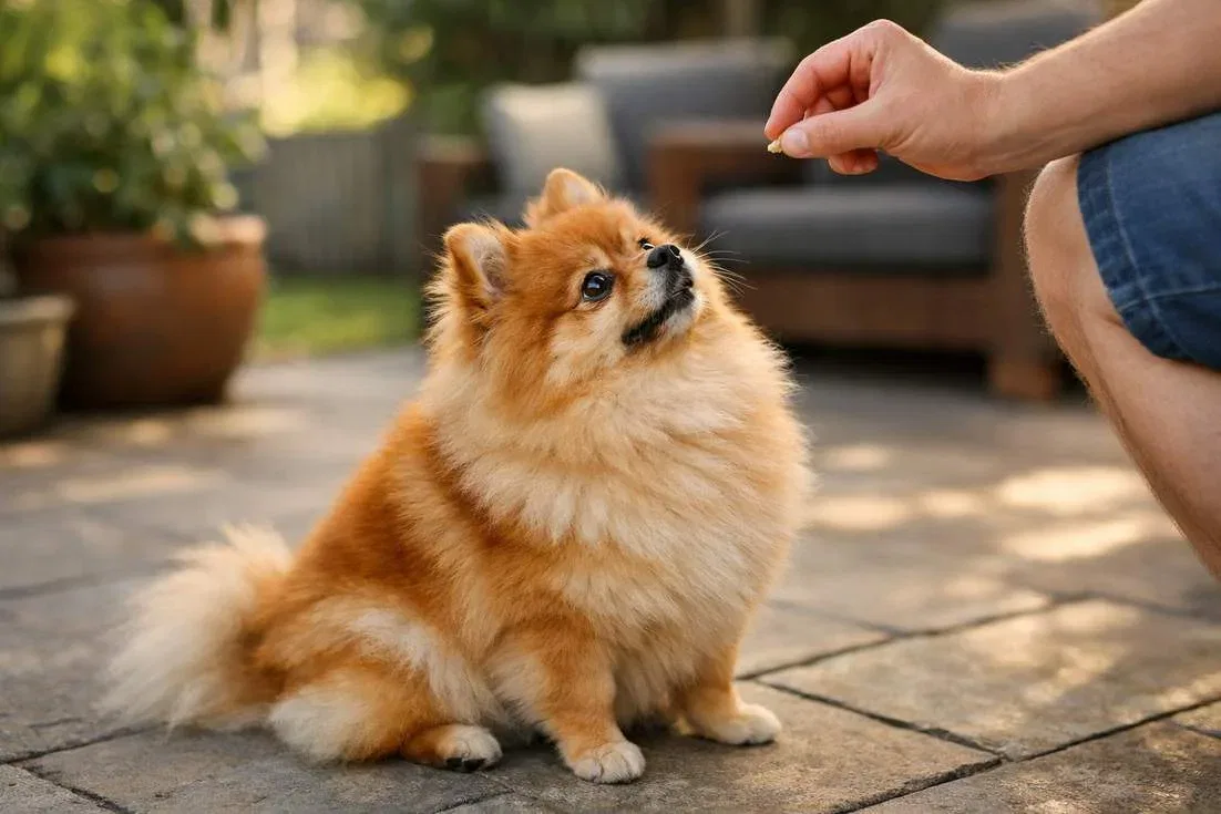 Pomeranian In Training Session Demonstrating Attentive Obedience