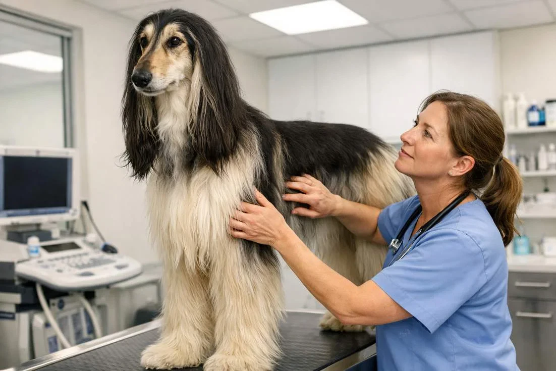 Afghan Hound Being Assessed For Body Condition By A Veterinarian