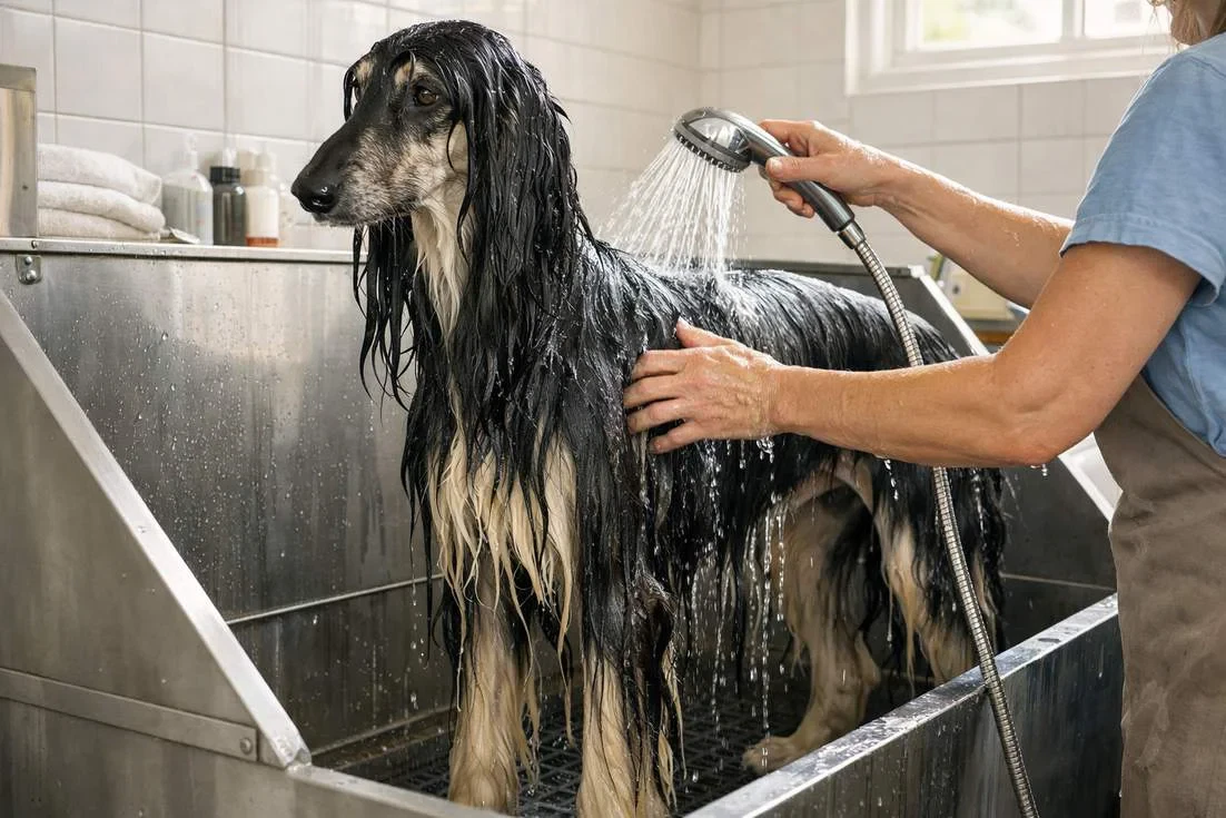 Afghan Hound Being Rinsed During An Intensive Bath