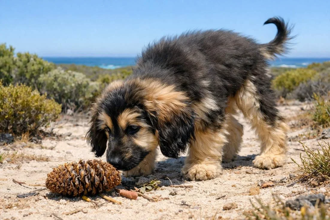 Afghan Hound Puppy Sniffing A Banksia Cone