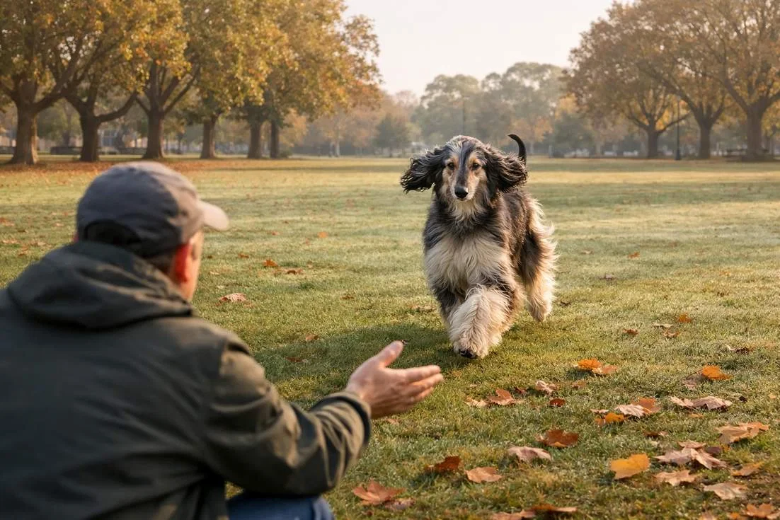 Afghan Hound Trotting Back During Recall Training