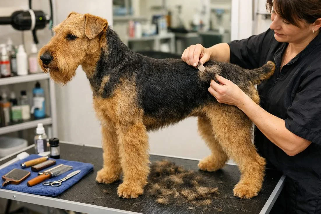 Airedale Terrier Having Its Wiry Coat Hand Stripped