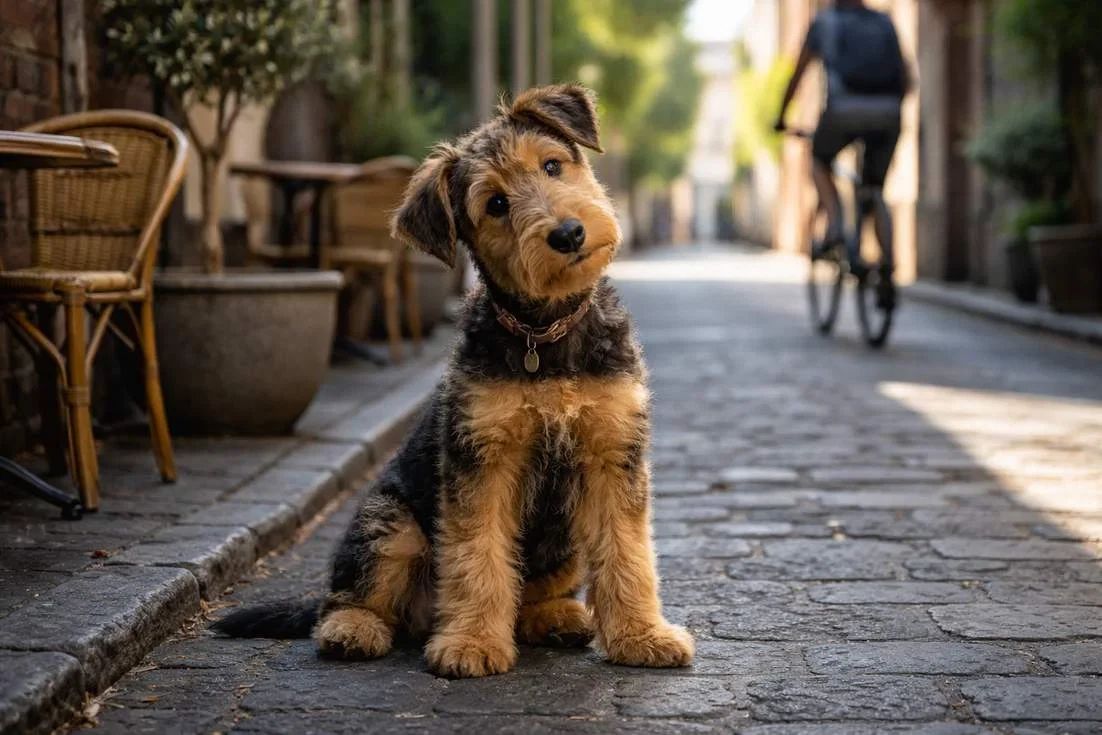 Airedale Terrier Puppy Watching The World From A Bluestone Laneway In An Australian City