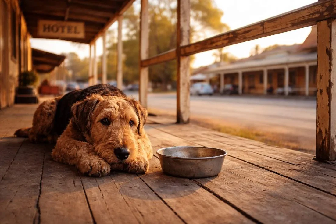 Airedale Terrier Resting On A Country Pub Veranda