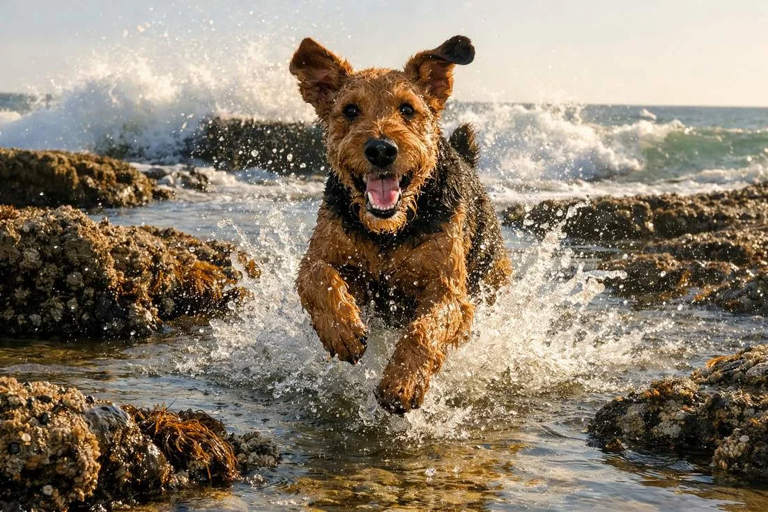 Airedale Terrier Splashing Through Tidal Rockpools