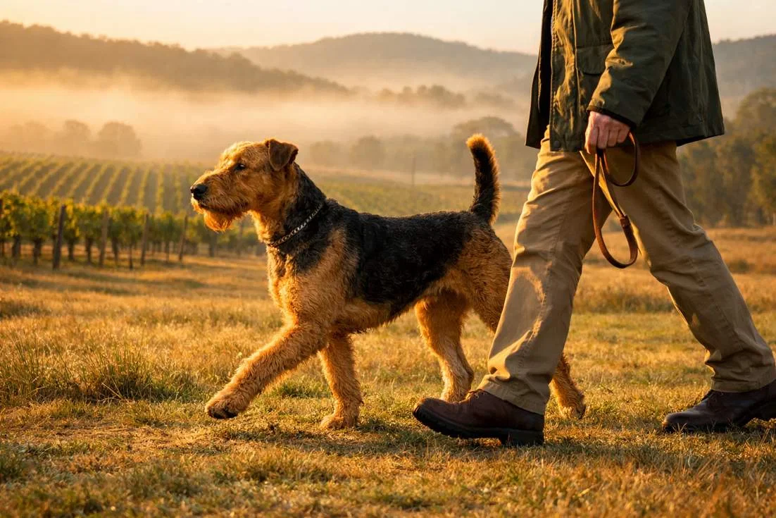 Airedale Terrier Walking Through A Hunter Valley Vineyard Property At Misty Sunrise